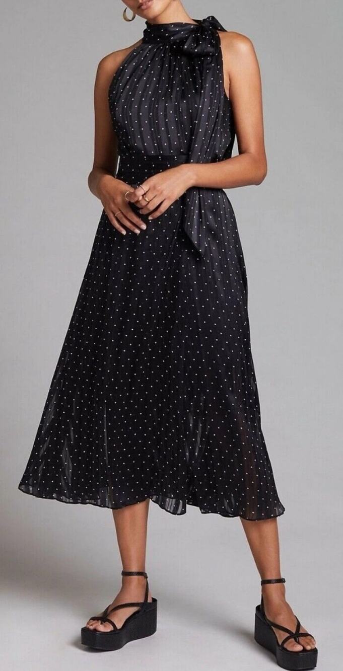NWT Anthropologie Sachin & Babi Polka Dot Halter Midi Dress in Black Size 14
